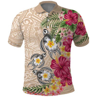Hawaiian Tropical Flowers and Tribal Turtles Polo Shirt Polynesian Art Motifs Beige Color - Polynesian Pride