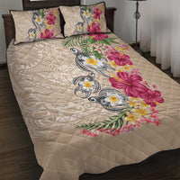Hawaiian Tropical Flowers and Tribal Turtles Quilt Bed Set Polynesian Art Motifs Beige Color - Polynesian Pride