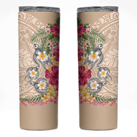 Hawaiian Tropical Flowers and Tribal Turtles Skinny Tumbler Polynesian Art Motifs Beige Color - Polynesian Pride