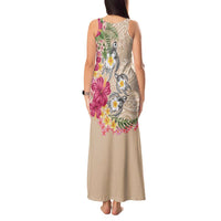 Hawaiian Tropical Flowers and Tribal Turtles Tank Maxi Dress Polynesian Art Motifs Beige Color - Polynesian Pride