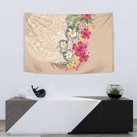 Hawaiian Tropical Flowers and Tribal Turtles Tapestry Polynesian Art Motifs Beige Color - Polynesian Pride