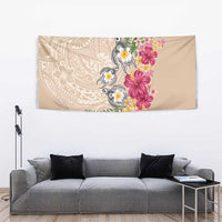 Hawaiian Tropical Flowers and Tribal Turtles Tapestry Polynesian Art Motifs Beige Color - Polynesian Pride