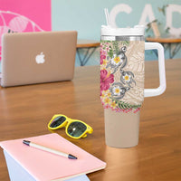 Hawaiian Tropical Flowers and Tribal Turtles Tumbler With Handle Polynesian Art Motifs Beige Color - Polynesian Pride