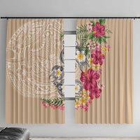 Hawaiian Tropical Flowers and Tribal Turtles Window Curtain Polynesian Art Motifs Beige Color - Polynesian Pride