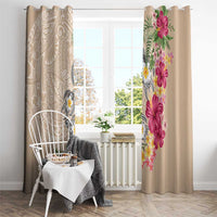 Hawaiian Tropical Flowers and Tribal Turtles Window Curtain Polynesian Art Motifs Beige Color - Polynesian Pride