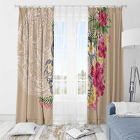 Hawaiian Tropical Flowers and Tribal Turtles Window Curtain Polynesian Art Motifs Beige Color - Polynesian Pride
