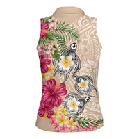 Hawaiian Tropical Flowers and Tribal Turtles Women Sleeveless Polo Shirt Polynesian Art Motifs Beige Color - Polynesian Pride