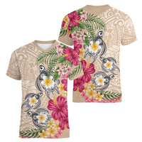 Hawaiian Tropical Flowers and Tribal Turtles Women V-Neck T-Shirt Polynesian Art Motifs Beige Color - Polynesian Pride
