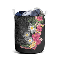Hawaiian Tropical Flowers and Tribal Turtles Laundry Basket Polynesian Art Motifs Black Color LT03 - Polynesian Pride