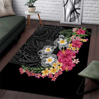 Hawaiian Tropical Flowers and Tribal Turtles Area Rug Polynesian Art Motifs Black Color - Polynesian Pride