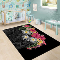 Hawaiian Tropical Flowers and Tribal Turtles Area Rug Polynesian Art Motifs Black Color - Polynesian Pride