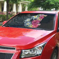 Hawaiian Tropical Flowers and Tribal Turtles Auto Sun Shade Polynesian Art Motifs Black Color - Polynesian Pride