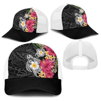 Hawaiian Tropical Flowers and Tribal Turtles Baseball Net Cap Polynesian Art Motifs Black Color LT03 - Polynesian Pride