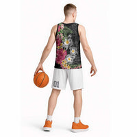 Hawaiian Tropical Flowers and Tribal Turtles Basketball Jersey Polynesian Art Motifs Black Color - Polynesian Pride