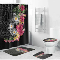 Hawaiian Tropical Flowers and Tribal Turtles Bathroom Set Polynesian Art Motifs Black Color - Polynesian Pride