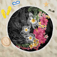 Hawaiian Tropical Flowers and Tribal Turtles Beach Blanket Polynesian Art Motifs Black Color - Polynesian Pride
