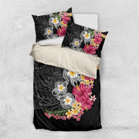 Hawaiian Tropical Flowers and Tribal Turtles Bedding Set Polynesian Art Motifs Black Color - Polynesian Pride