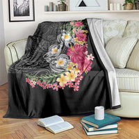 Hawaiian Tropical Flowers and Tribal Turtles Blanket Polynesian Art Motifs Black Color - Polynesian Pride