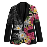 Hawaiian Tropical Flowers and Tribal Turtles Blazer Polynesian Art Motifs Black Color - Polynesian Pride