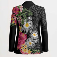 Hawaiian Tropical Flowers and Tribal Turtles Blazer Polynesian Art Motifs Black Color - Polynesian Pride