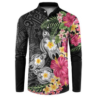 Hawaiian Tropical Flowers and Tribal Turtles Button Sweatshirt Polynesian Art Motifs Black Color LT03 Black - Polynesian Pride