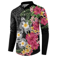 Hawaiian Tropical Flowers and Tribal Turtles Button Sweatshirt Polynesian Art Motifs Black Color LT03 - Polynesian Pride