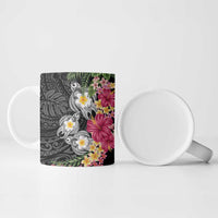 Hawaiian Tropical Flowers and Tribal Turtles Ceramic Mug Polynesian Art Motifs Black Color LT03 - Polynesian Pride