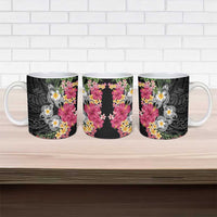 Hawaiian Tropical Flowers and Tribal Turtles Ceramic Mug Polynesian Art Motifs Black Color LT03 - Polynesian Pride