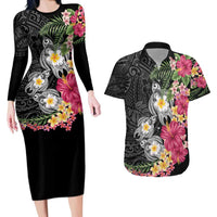 Hawaiian Tropical Flowers and Tribal Turtles Couples Matching Long Sleeve Bodycon Dress and Hawaiian Shirt Polynesian Art Motifs Black Color - Polynesian Pride
