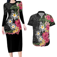 Hawaiian Tropical Flowers and Tribal Turtles Couples Matching Long Sleeve Bodycon Dress and Hawaiian Shirt Polynesian Art Motifs Black Color - Polynesian Pride