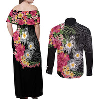 Hawaiian Tropical Flowers and Tribal Turtles Couples Matching Off Shoulder Maxi Dress and Long Sleeve Button Shirt Polynesian Art Motifs Black Color - Polynesian Pride
