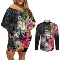Hawaiian Tropical Flowers and Tribal Turtles Couples Matching Off Shoulder Short Dress and Long Sleeve Button Shirt Polynesian Art Motifs Black Color - Polynesian Pride