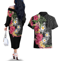 Hawaiian Tropical Flowers and Tribal Turtles Couples Matching Off The Shoulder Long Sleeve Dress and Hawaiian Shirt Polynesian Art Motifs Black Color - Polynesian Pride