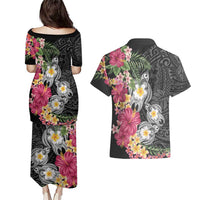 Hawaiian Tropical Flowers and Tribal Turtles Couples Matching Puletasi and Hawaiian Shirt Polynesian Art Motifs Black Color - Polynesian Pride