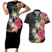 Hawaiian Tropical Flowers and Tribal Turtles Couples Matching Short Sleeve Bodycon Dress and Hawaiian Shirt Polynesian Art Motifs Black Color - Polynesian Pride