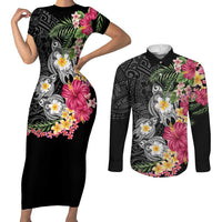 Hawaiian Tropical Flowers and Tribal Turtles Couples Matching Short Sleeve Bodycon Dress and Long Sleeve Button Shirt Polynesian Art Motifs Black Color - Polynesian Pride