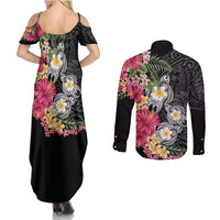 Hawaiian Tropical Flowers and Tribal Turtles Couples Matching Summer Maxi Dress and Long Sleeve Button Shirt Polynesian Art Motifs Black Color - Polynesian Pride