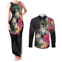 Hawaiian Tropical Flowers and Tribal Turtles Couples Matching Tank Maxi Dress and Long Sleeve Button Shirt Polynesian Art Motifs Black Color - Polynesian Pride