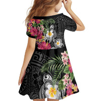 Hawaiian Tropical Flowers and Tribal Turtles Family Matching Long Sleeve Bodycon Dress and Hawaiian Shirt Polynesian Art Motifs Black Color - Polynesian Pride