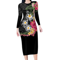 Hawaiian Tropical Flowers and Tribal Turtles Family Matching Long Sleeve Bodycon Dress and Hawaiian Shirt Polynesian Art Motifs Black Color - Polynesian Pride