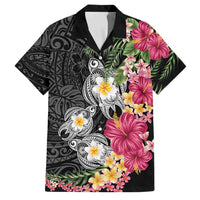 Hawaiian Tropical Flowers and Tribal Turtles Family Matching Off The Shoulder Long Sleeve Dress and Hawaiian Shirt Polynesian Art Motifs Black Color - Polynesian Pride
