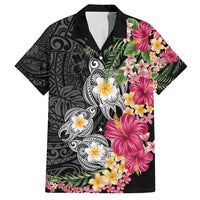 Hawaiian Tropical Flowers and Tribal Turtles Family Matching Off Shoulder Maxi Dress and Hawaiian Shirt Polynesian Art Motifs Black Color - Polynesian Pride