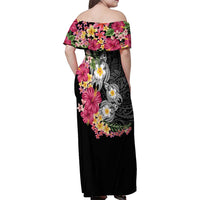 Hawaiian Tropical Flowers and Tribal Turtles Family Matching Off Shoulder Maxi Dress and Hawaiian Shirt Polynesian Art Motifs Black Color - Polynesian Pride