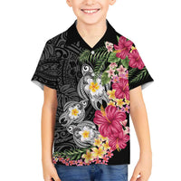 Hawaiian Tropical Flowers and Tribal Turtles Family Matching Off Shoulder Maxi Dress and Hawaiian Shirt Polynesian Art Motifs Black Color - Polynesian Pride