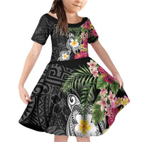 Hawaiian Tropical Flowers and Tribal Turtles Family Matching Off Shoulder Short Dress and Hawaiian Shirt Polynesian Art Motifs Black Color - Polynesian Pride