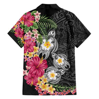 Hawaiian Tropical Flowers and Tribal Turtles Family Matching Off Shoulder Short Dress and Hawaiian Shirt Polynesian Art Motifs Black Color - Polynesian Pride