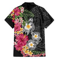 Hawaiian Tropical Flowers and Tribal Turtles Family Matching Puletasi and Hawaiian Shirt Polynesian Art Motifs Black Color - Polynesian Pride
