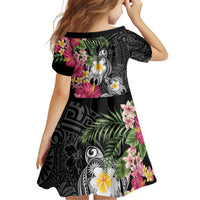 Hawaiian Tropical Flowers and Tribal Turtles Family Matching Short Sleeve Bodycon Dress and Hawaiian Shirt Polynesian Art Motifs Black Color - Polynesian Pride