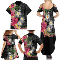 Hawaiian Tropical Flowers and Tribal Turtles Family Matching Summer Maxi Dress and Hawaiian Shirt Polynesian Art Motifs Black Color - Polynesian Pride