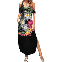 Hawaiian Tropical Flowers and Tribal Turtles Family Matching Summer Maxi Dress and Hawaiian Shirt Polynesian Art Motifs Black Color - Polynesian Pride